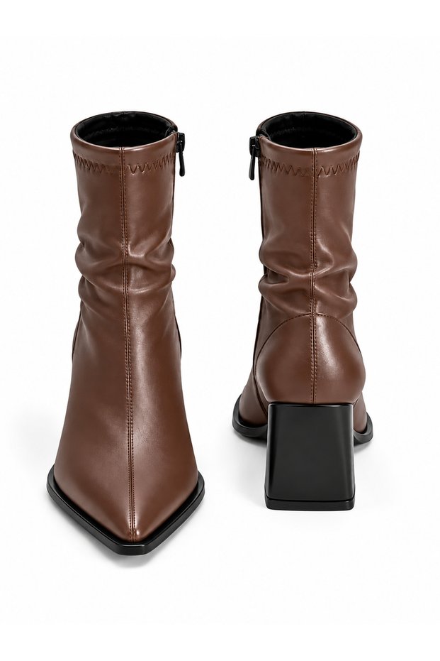 Pointed Toe, Chunky Heel, Side-Zip Closure, Milk-Coffee-Colored Stretch Boots with Heels