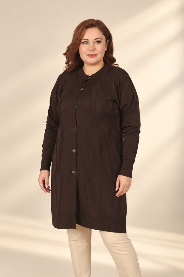 Women's Self-Patterned Diamond Patterned Geometric Patterned Button-Front Plus-Size Tunic Cardigan