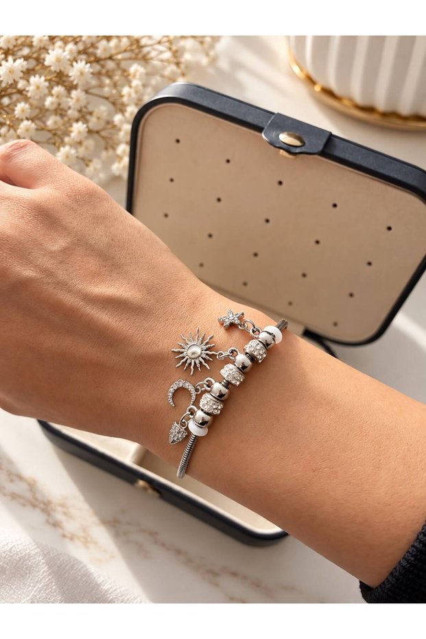 Silver-Toned Charm Bracelet for Women, Stainless Steel