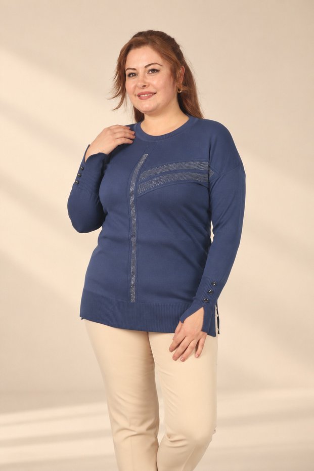 Women's Plus-Size Knit Blouse embellished with vertical and asymmetrical horizontal stones on the front
