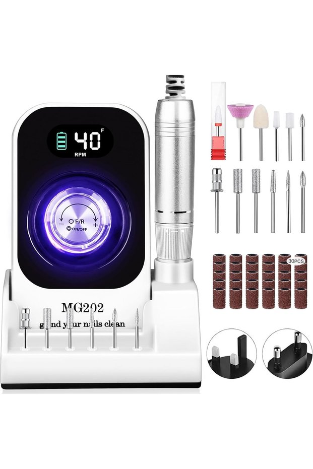 Professional Nail Drill 35000 RPM, Nail Polisher, Electric File, Nail Drill, Electric Manicure and Pedicure Set, Kit 11 Burrs Bits, LED Touch, Remove Acrylic Gel/Enamel/Callus White