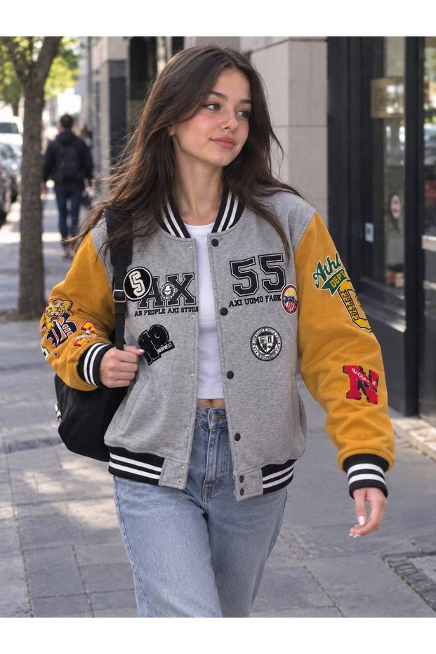 College Style Unisex Embroidery Detailed Oversized Varsity Jacket
