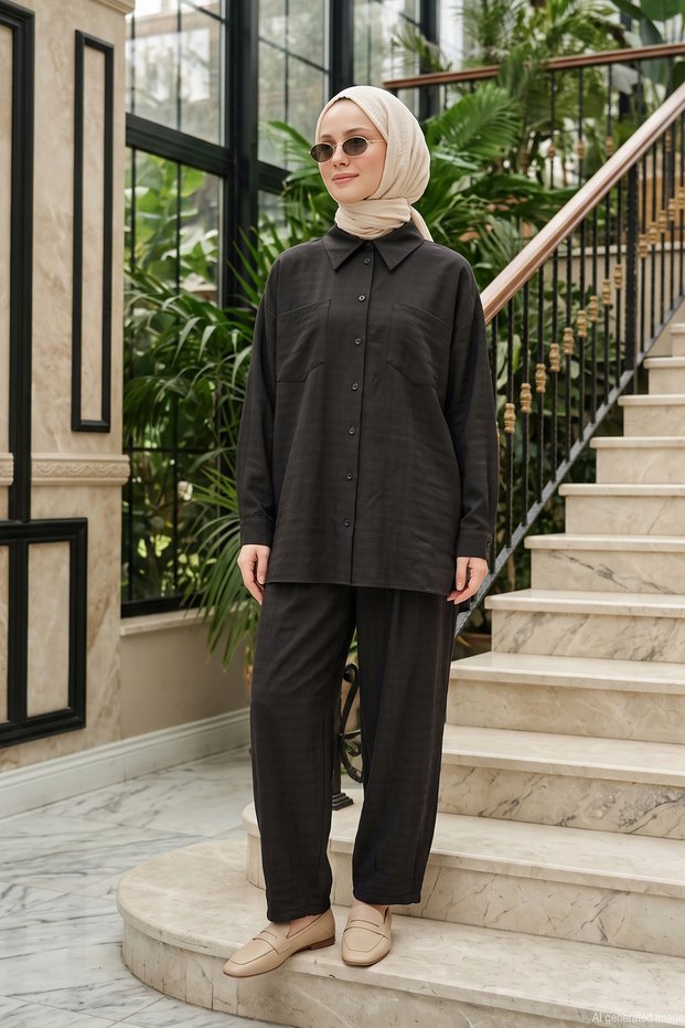 Button-Front Suit with Pants and Pocket Detail, Style 1092, Black
