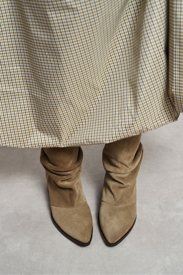 Farm Rome Beige Suede Ruched Ankle Pointed Toe Chunky Block Heel Women's Boots