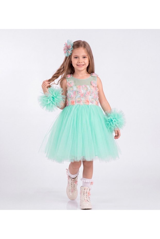 BabyAden Lily-Print Costume Dress for Girls with Pom-Pom Details