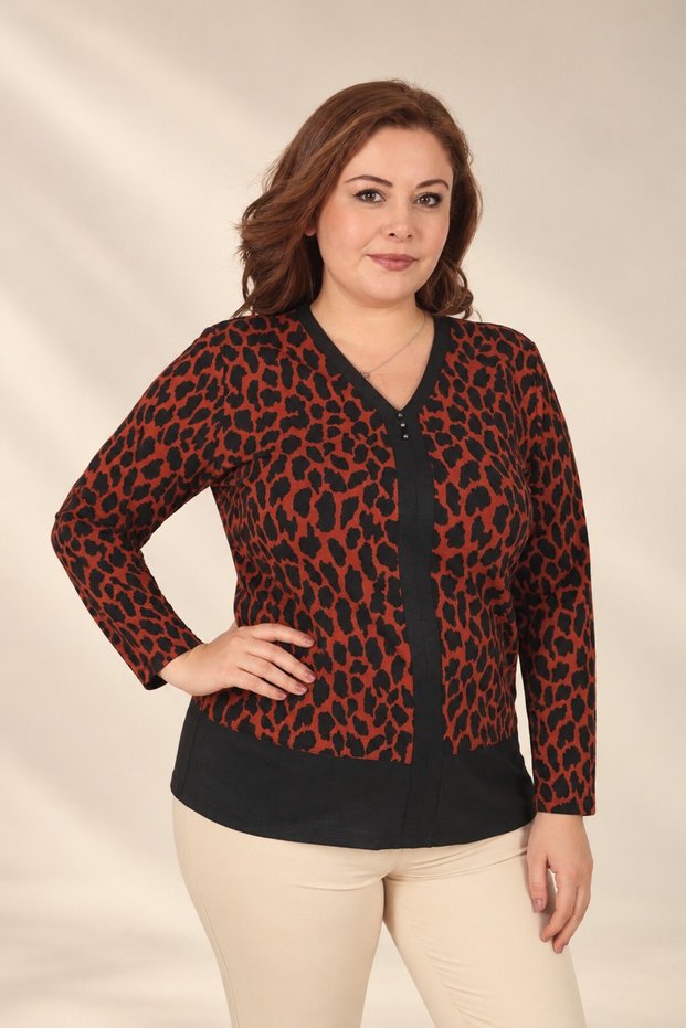 Women's V-Neck Leopard Print Leather Paneled, Stone Embellished, Long-Sleeve Stretch Fabric Viscose Plus-Size Blouse