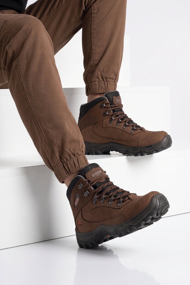 Coffee Nubuck Genuine Leather Lace-Up Boot with Non-Slip Sole and Waterproof Construction for Men's Outdoor Boots M1461