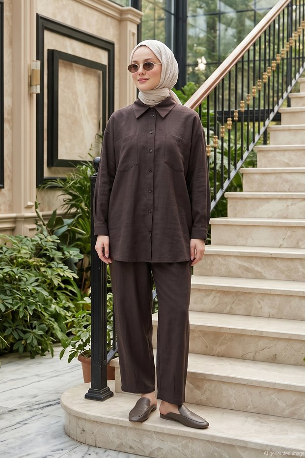 Set with Button-Front and Pocket Detail on Shalwar Pants, 1092 Brown