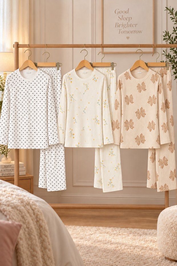 3-Piece Women's Patterned Long-Sleeved Pajama Set, Ecru