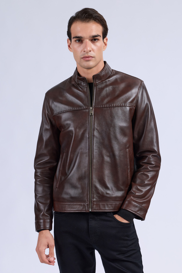 Brown Slim Fit Stand-Up Collar Leather Jacket