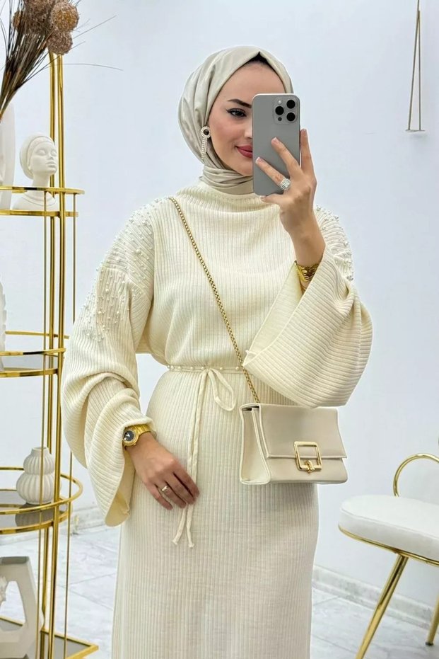 Women's Off-the-Shoulder Long Knit Dress, 135 cm, Standard Size, Fits Sizes 36–44