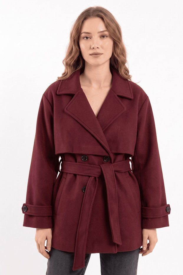 Women's Burgundy Double-Breasted, Double-Buttoned, Stylish Short Melton Coat