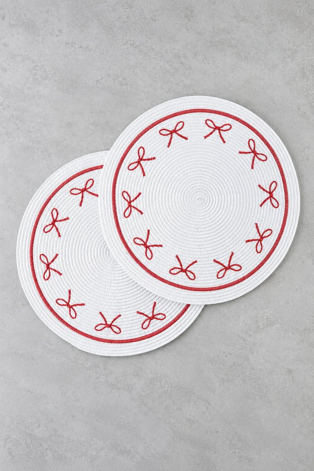 LUXURY Solina 2-Piece American Placemat Set, 38 cm, Red and White – Ribbon Pattern, Round, Textured Design Luxury Tableware Set