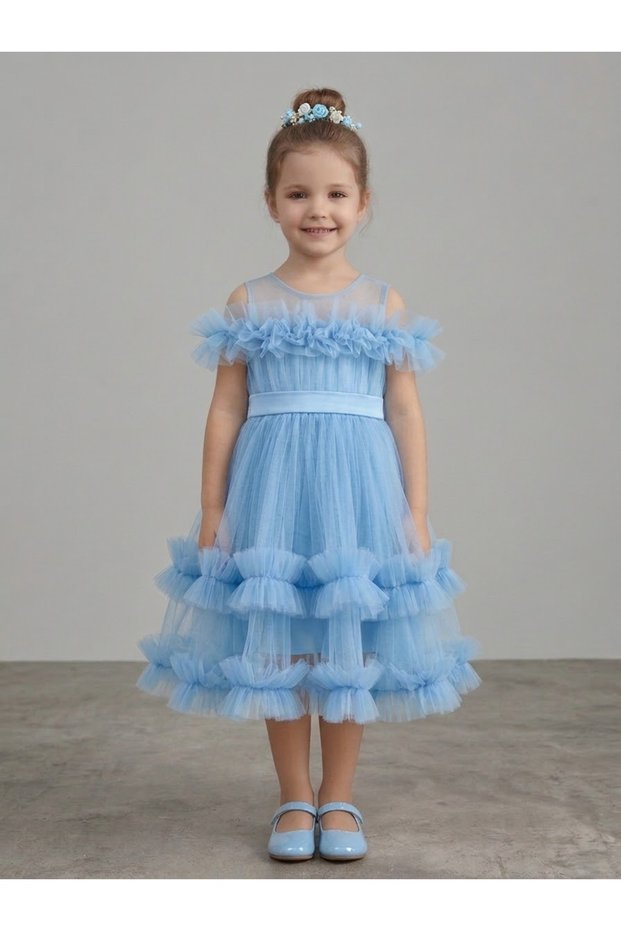 Girls' Ruffed, Layered Tulle Evening Gown—Puffy Dress for Birthdays, Weddings, and Special Occasions