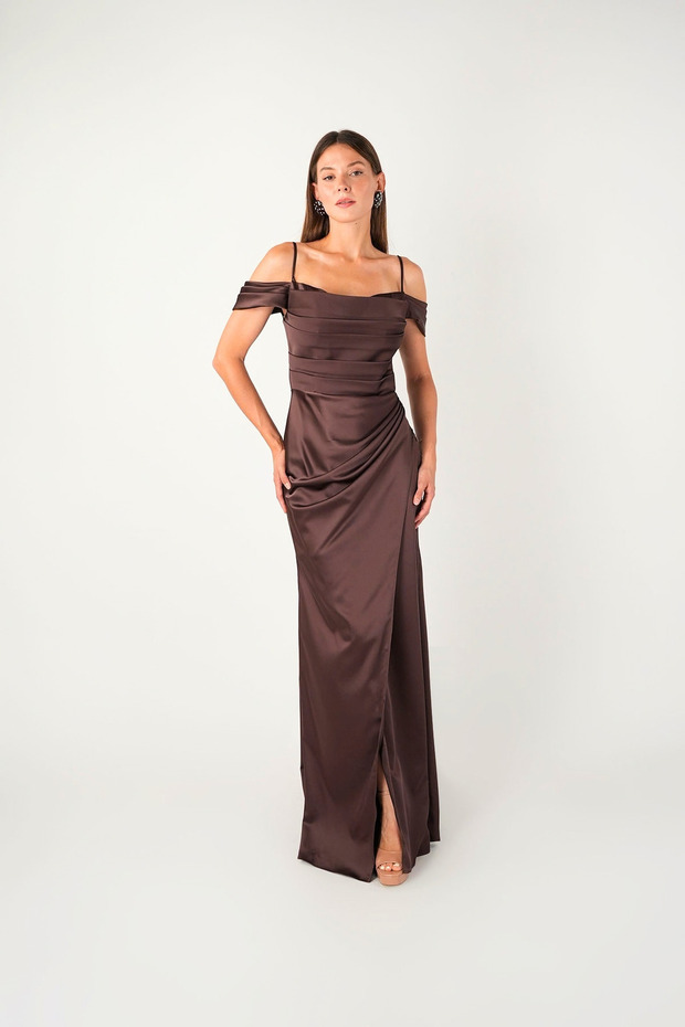 Satin Fabric Degaje Collar Evening Dress - Brown