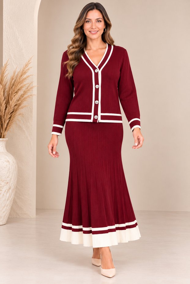 Plus size knit striped button-down suit, burgundy.
