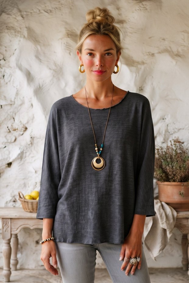 Italian Anthracite Pool-Neck Batwing Sleeve Collared Casual Oversized Knit Blouse 68 67