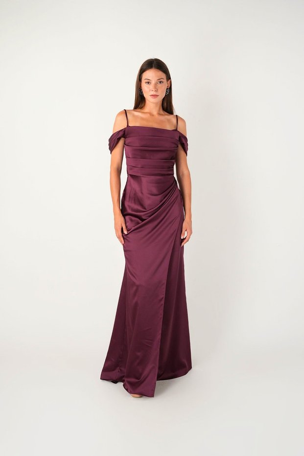 Satin Fabric Degaje Collar Evening Dress - Patlican Purple
