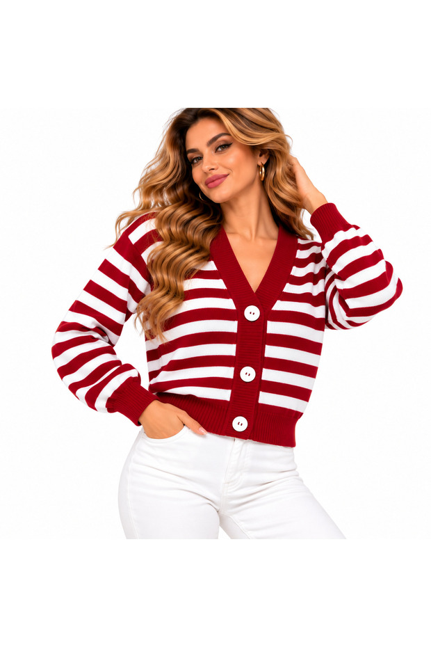 Women's Striped V-Neck Four-Button Cardigan