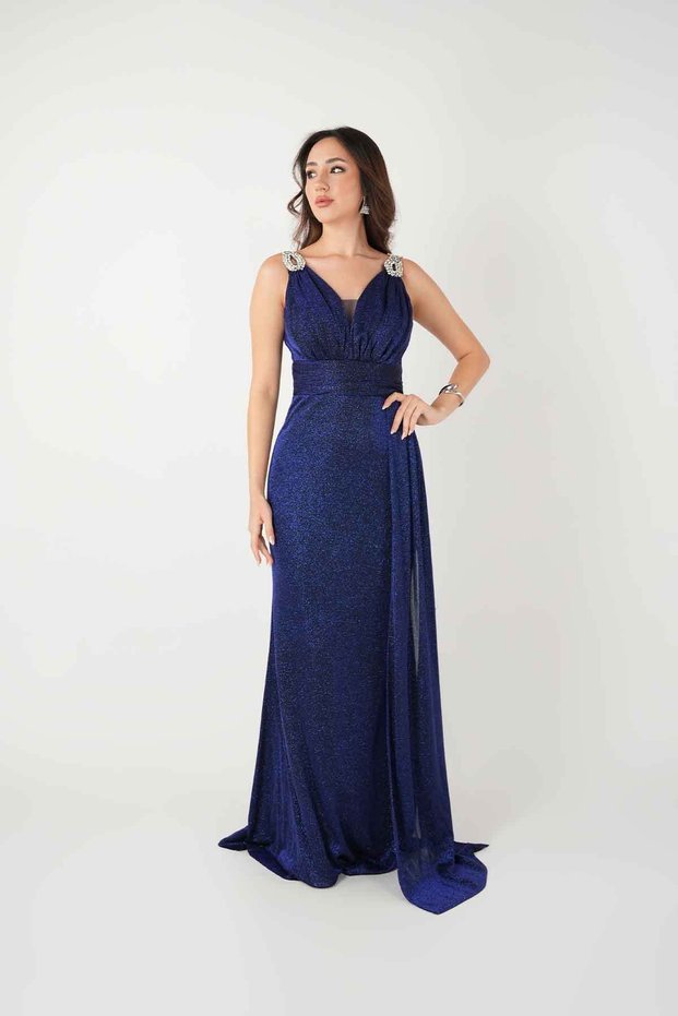 Sparkling fabric stone detailed evening dress - navy blue