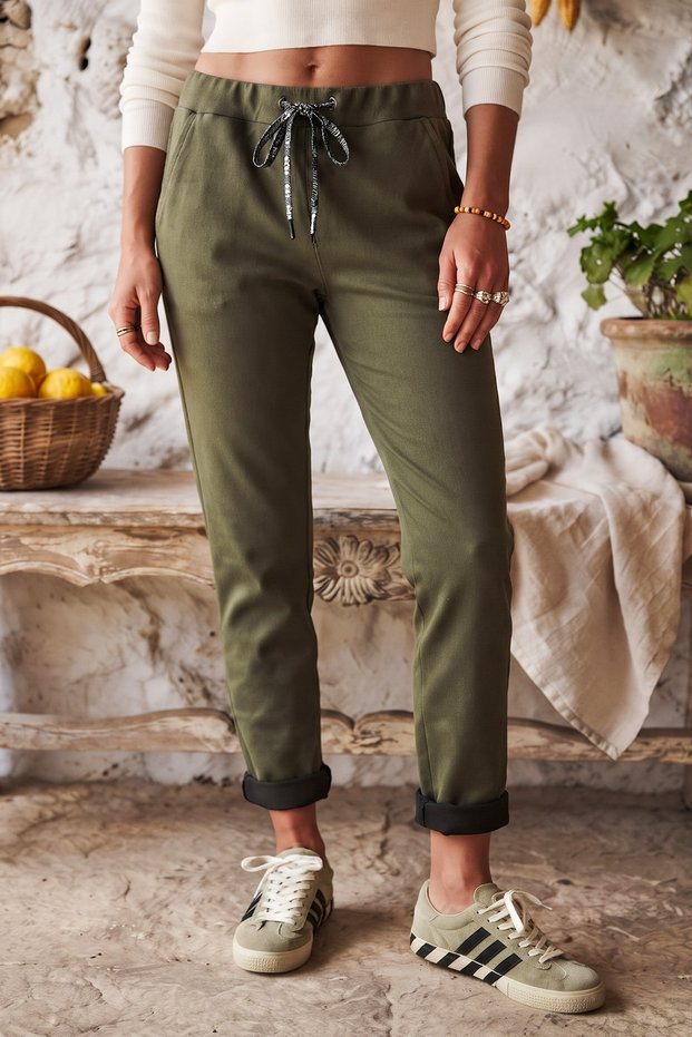 Italian Khaki Casual Woven Velvet Pants with Pockets, Elasticated Hem, and Tie-Detail, Narrow Leg, Size 100, 56