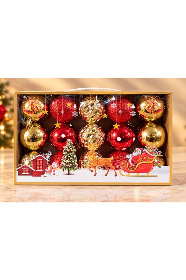 Set of 15 Red and Glittery and Embossed Christmas Tree Ornaments