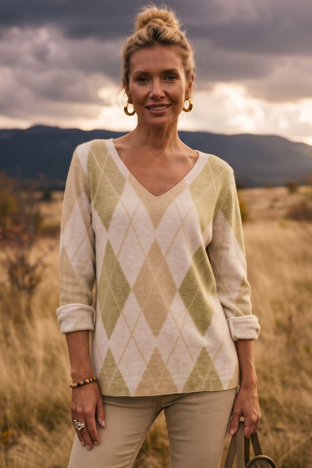 Italian Khaki V-Neck Long-Sleeve Casual Angora Wool Blend Knit Blouse with Diamond Pattern, Sizes 63 and 56