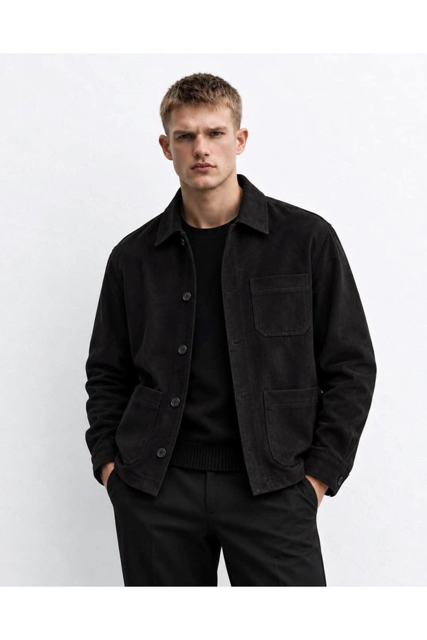 Men's Suede Fabric Button-Front 3-Pocket Lined Transitional Jacket