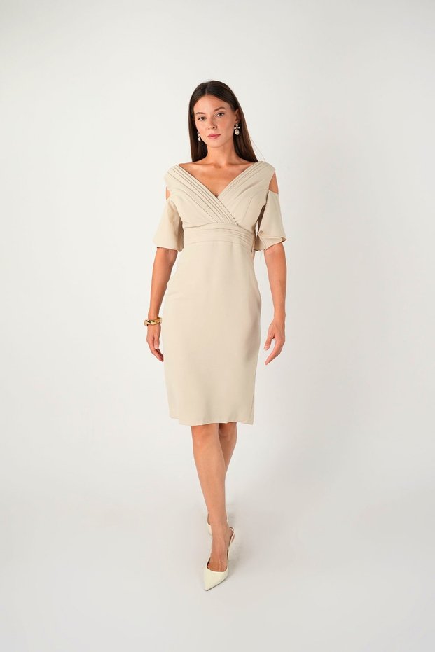 Crepe fabric gathered detail pencil dress - beige