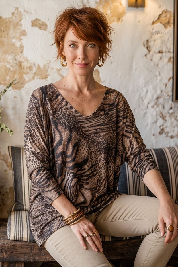 Italian Open-Neck V-Neck Long-Sleeve Leopard Print Angora Wool Blend Oversized Knit Blouse 71 70