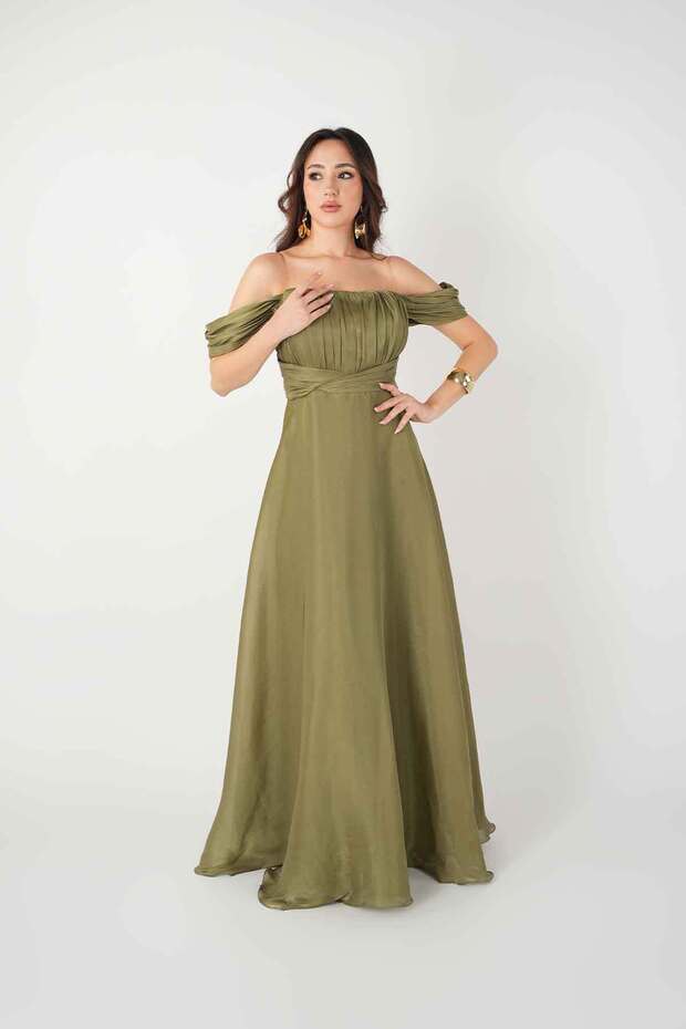 Chiffon Organza Fabric Evening Dress with Ruffle Detail - Khaki Green