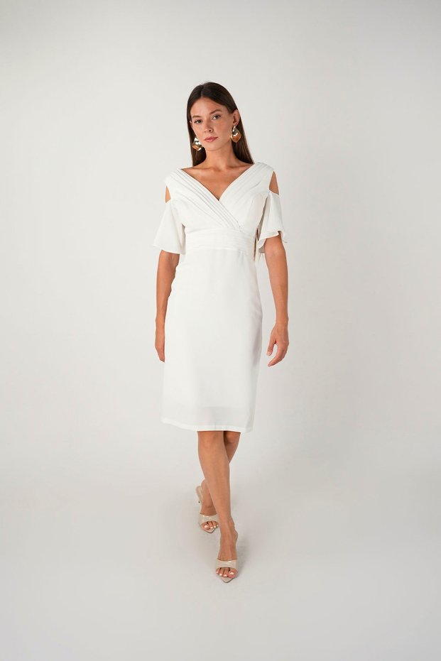 Crepe Fabric Pencil Dress with Ruched Detail - WHITE