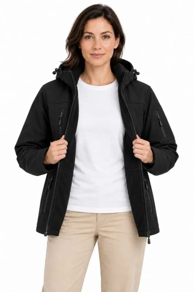 Waterproof Softshell Jacket with Fleece Lining, Detachable Hood, and 4 Pockets - Black