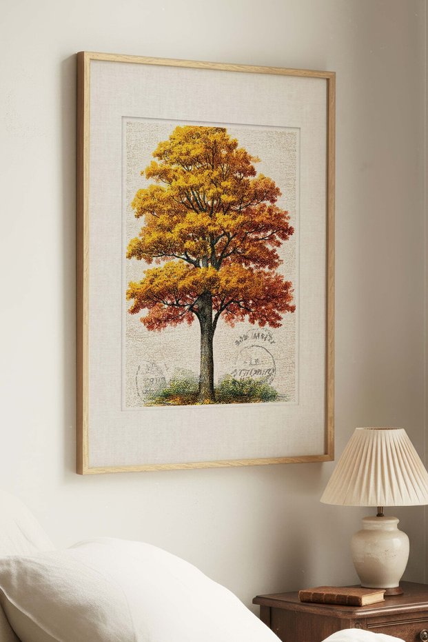 1 VINTAGE PAINTING WITH A GOLDEN FALL THEME IN A NATURAL WOOD FRAME