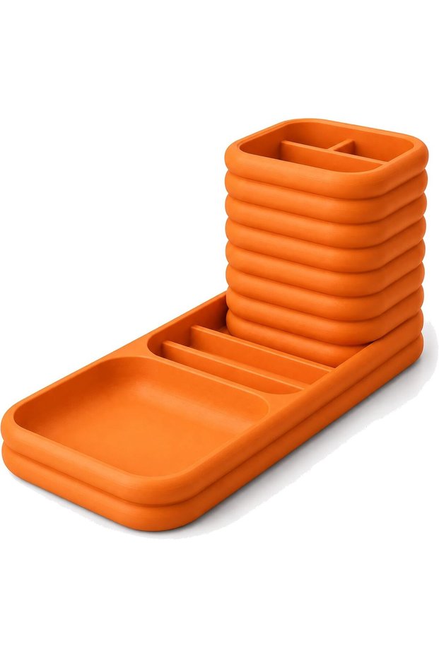 Phone Stand Desk Organizer with Pen Holder and Catch-All Tray, Earbuds, Keys and Phone, Orange