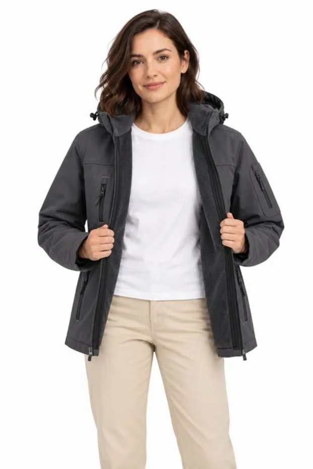 Waterproof Softshell Jacket with Fleece Lining, Detachable Hood, and 4 Pockets - Smoke Gray