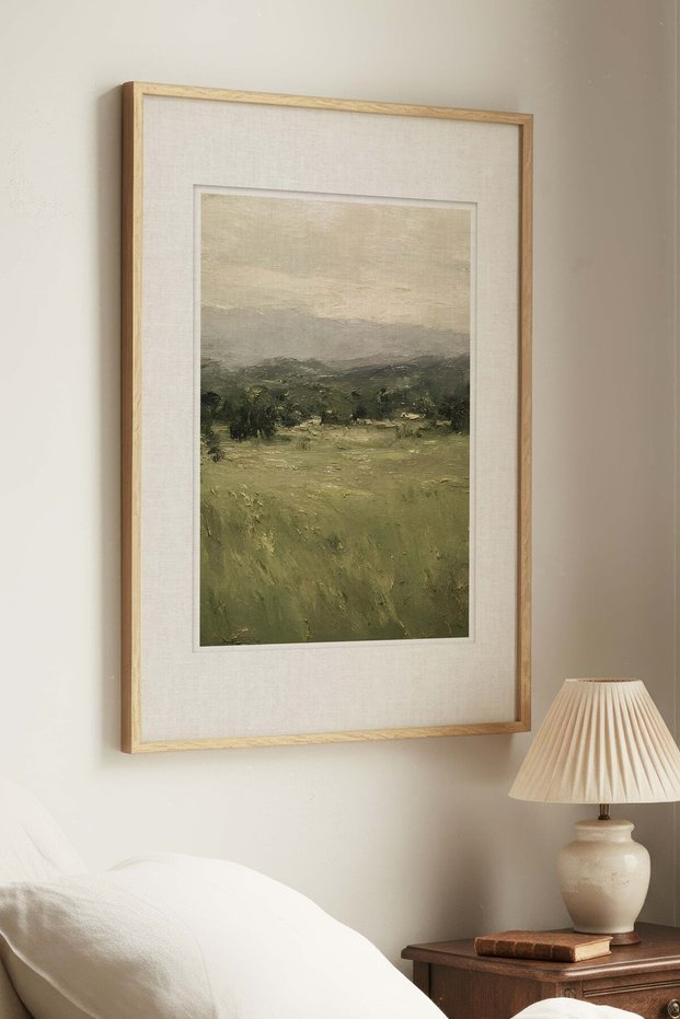 1 VINTAGE PAINTING WITH A "GREEN VALLEY" THEME IN A NATURAL WOOD FRAME