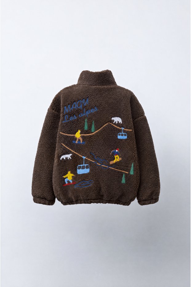 Children's Brown Plush Ski-Embroidered Zipper Jacket