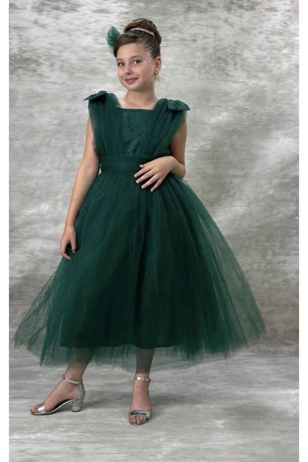 Girls' Tulle Detail Puffy Evening Gown—Birthday and Wedding Dress—Princess Dress
