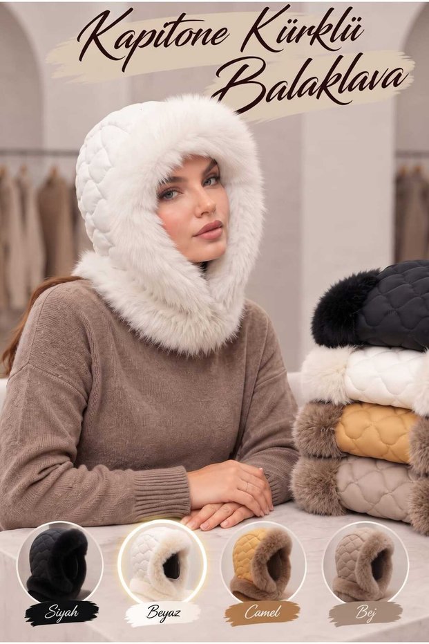 Quilted, Padded, and Fur-Trimmed Balaclava - Women's Winter Hat and Neck Warmer Set