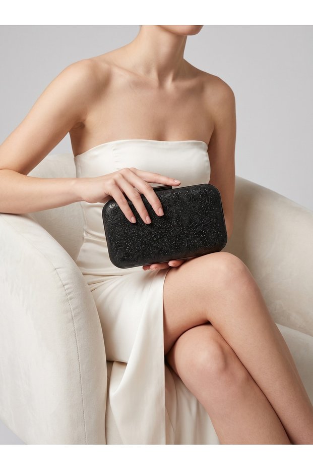Women's Evening Clutch with Black Floral Print, Laser-Cut Silver Frame, and Chain Strap—Perfect for Weddings, Engagements, and Graduations