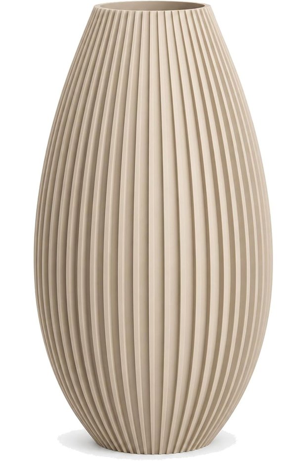 Ribbed Decorative 20 cm Vessel, Modern Egg Shaped Holder for Dried and Artificial Flowers, Beige