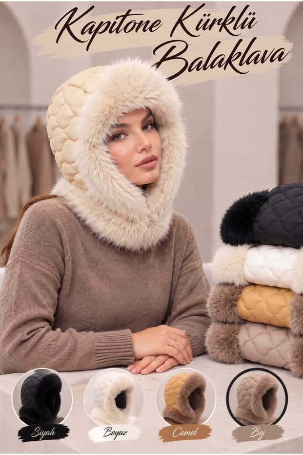 Quilted, Padded, and Fur-Trimmed Balaclava - Women's Winter Hat and Neck Warmer Set