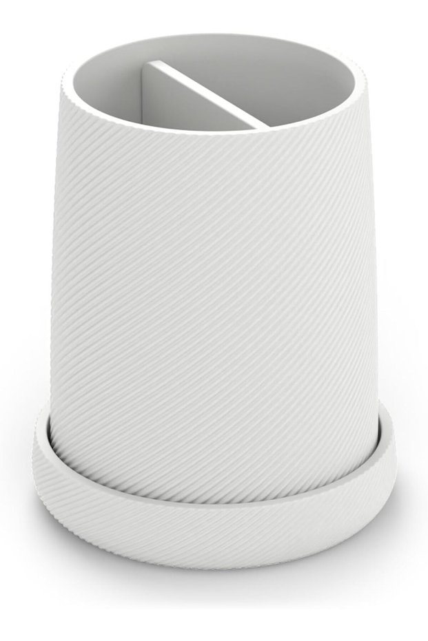 Diagonal Ribbed Toothbrush Holder Cup with Removable Drip Base and 2 Drainage Inserts, White