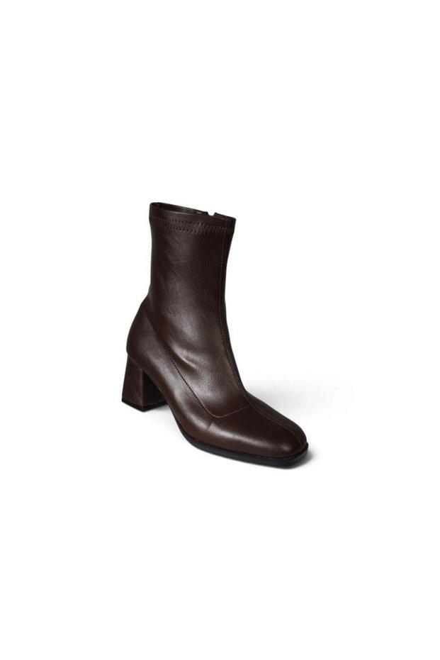 Women's Black and Brown Leather Boots with a Square Toe, 6 cm thick sole, and stretch heel