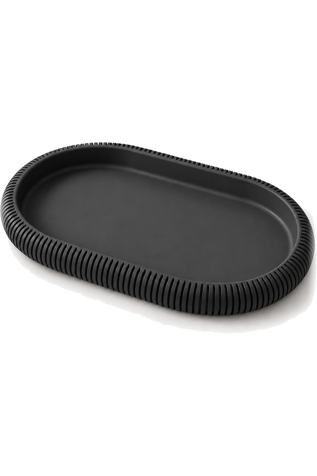Ribbed Oval Decorative Tray 19.7 x 12.3 cm, Minimalist Catch All Tray for Keys, Black