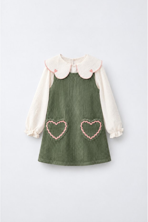 Girls' Green Velvet Dress and Blouse Set with Pockets