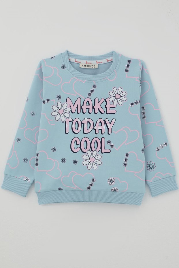 Girls' Cool Sweatshirt with Floral Print and Heart Design, Ages 3–8, Light Blue