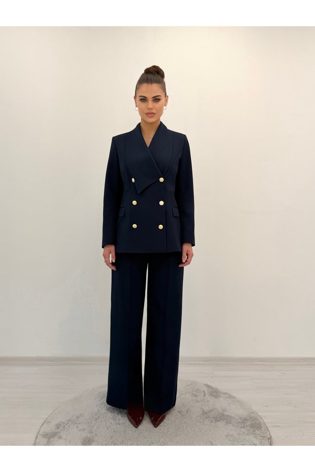 Premium Blazer Jacket with Asymmetrical Shawl Collar and Gold Buttons, Paired with High-Waisted Pants