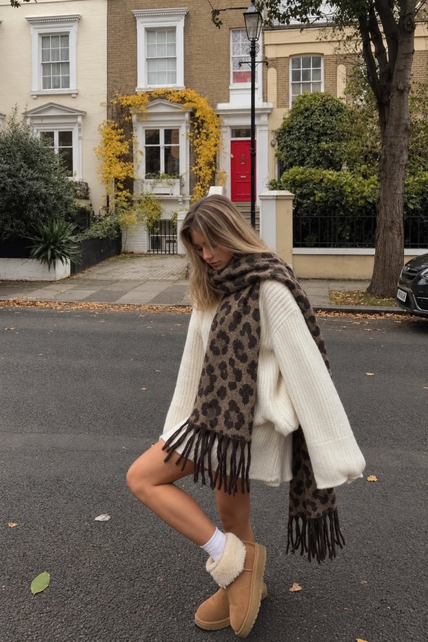 Unisex Lightweight Puffy Scarf in Taupe Color and Leopard Print